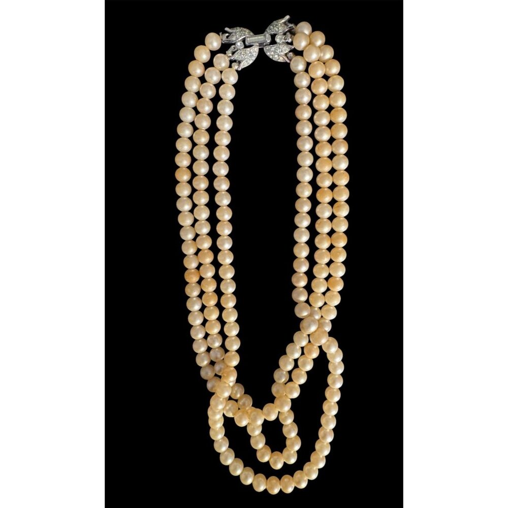 Vintage Trifari Gainsborough Triple-Strand Faux Pearl Necklace With Rhinestone C